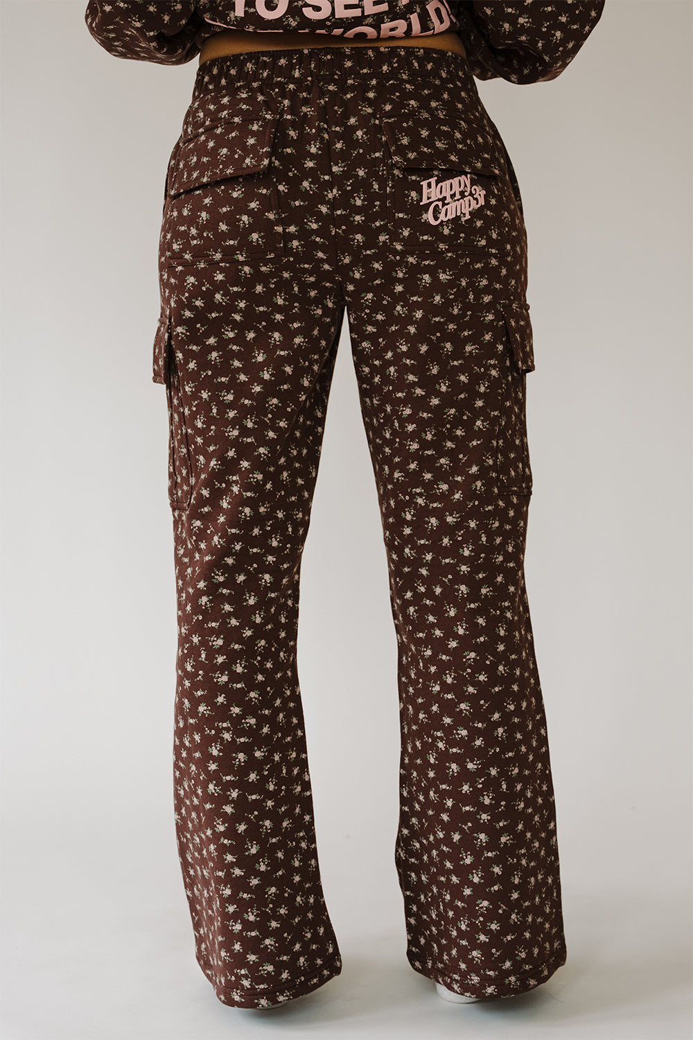 Back of the brown floral Be The Kind Cargo Sweatpants. The Happy Camp3r