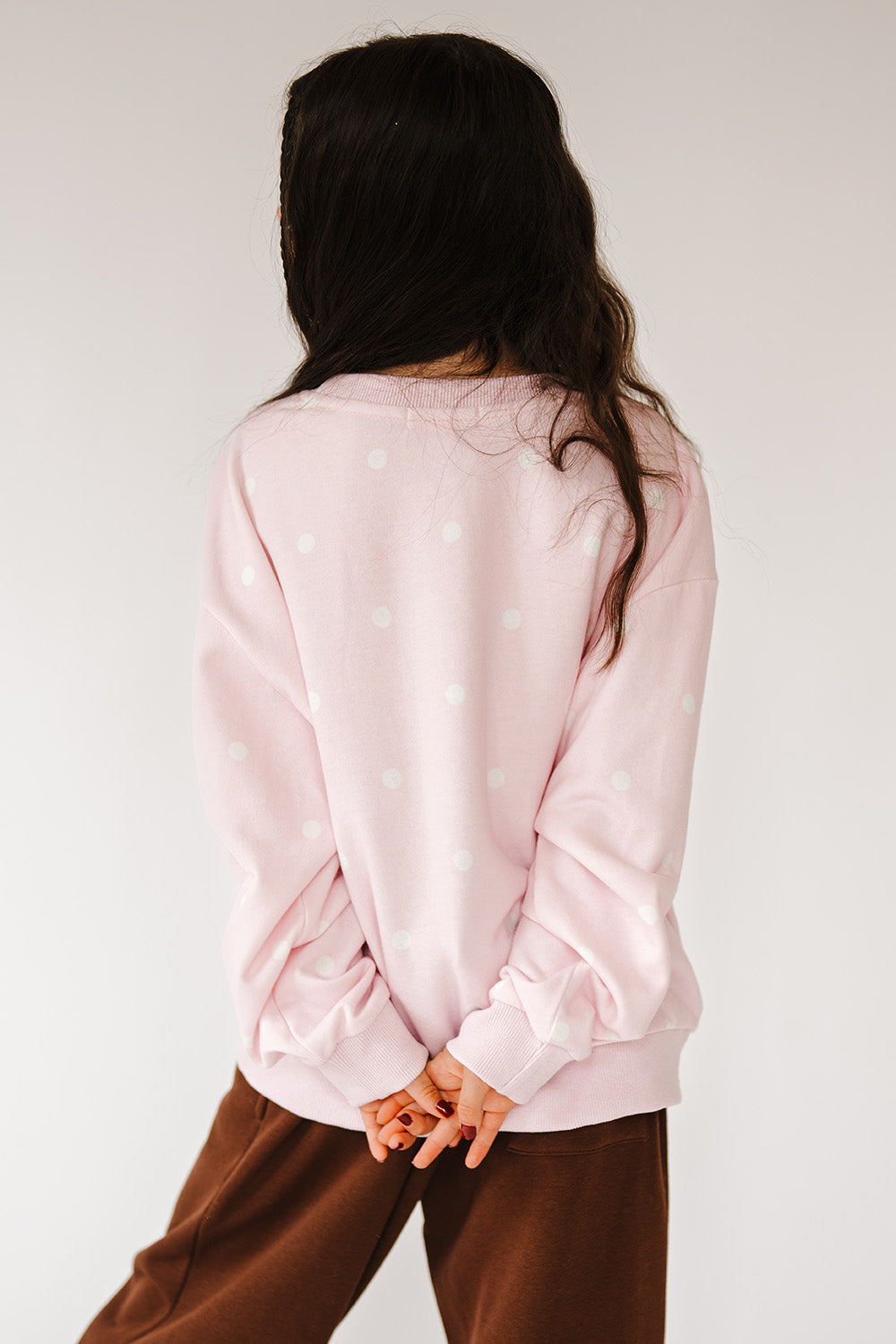 Back of the light pink Pink Sprinkle Camp3r Youth Crewneck. The Happy Camp3r