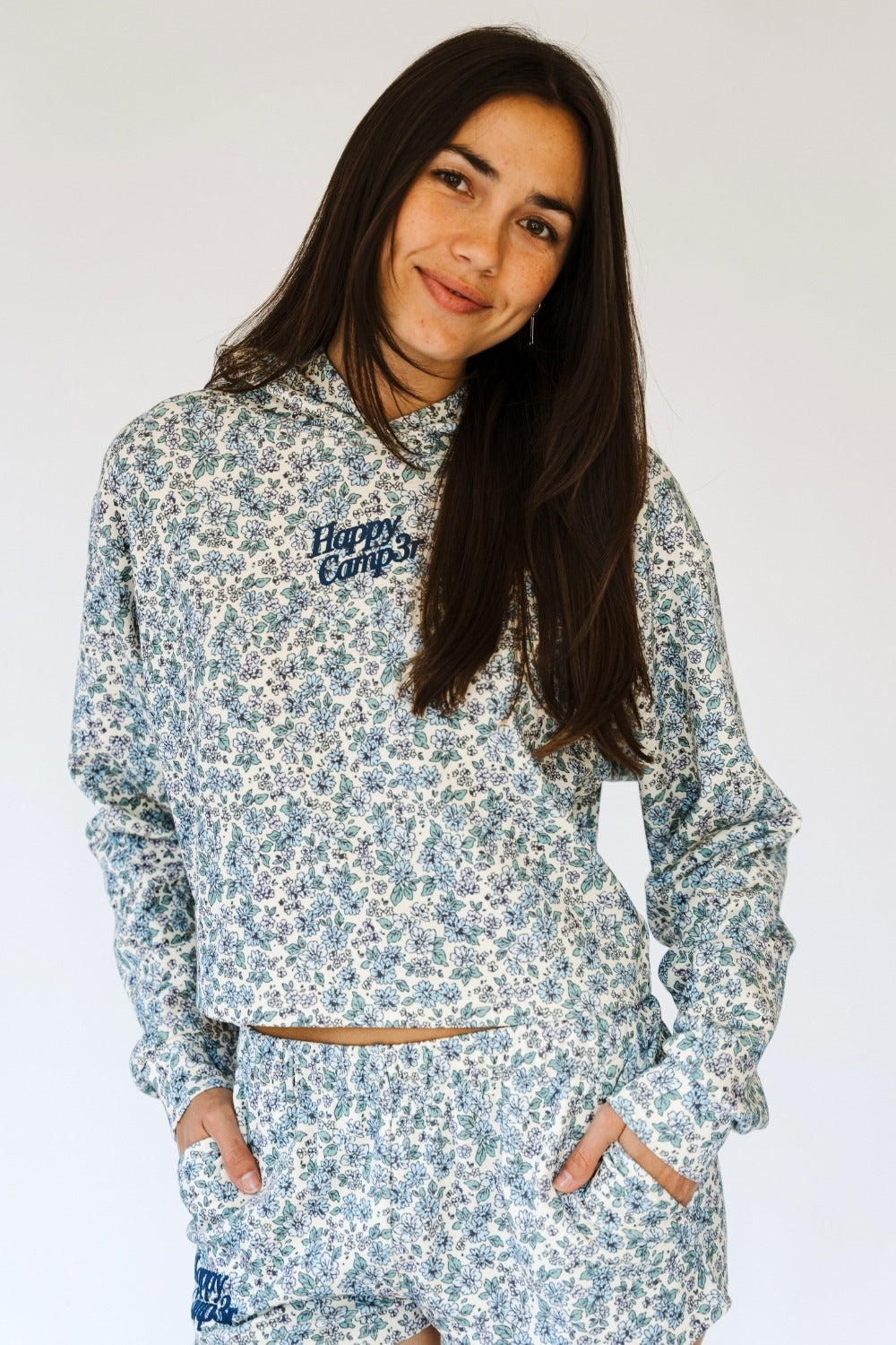 Dusty Blue Garden Scuba Cropped Hoodie