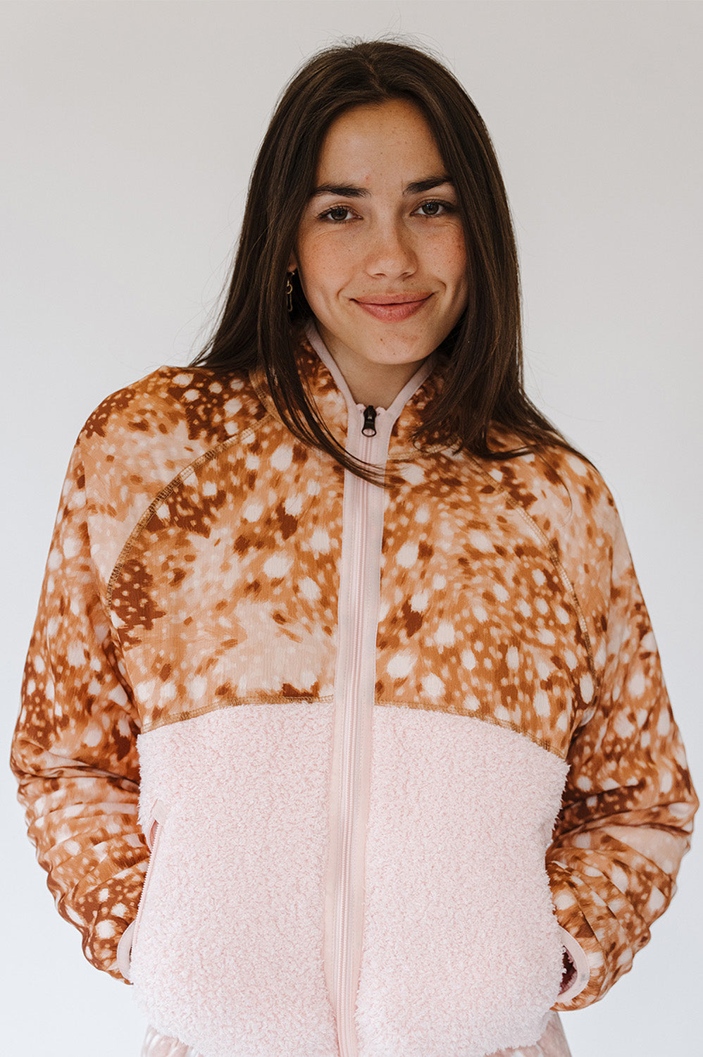 Fawn Dreams Macie Sherpa with fawn print top and light pink sherpa body, front view. The Happy Camp3r