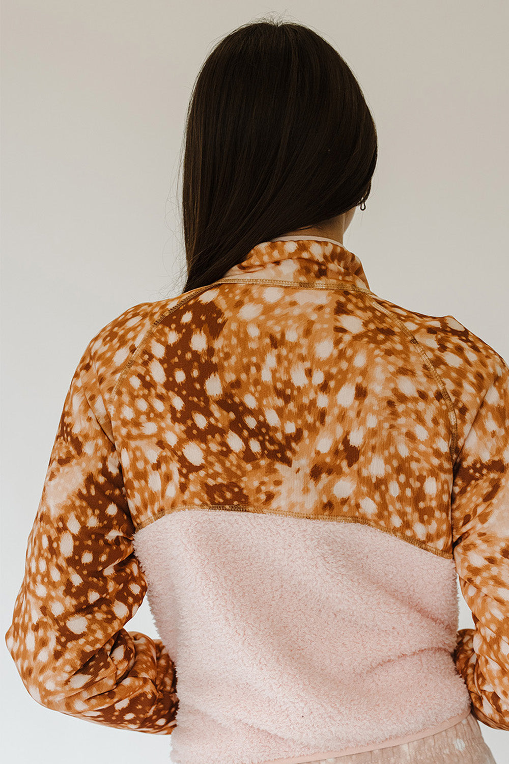 Back of the Fawn Dreams Macie Sherpa in fawn print and light pink sherpa. The Happy Camp3r