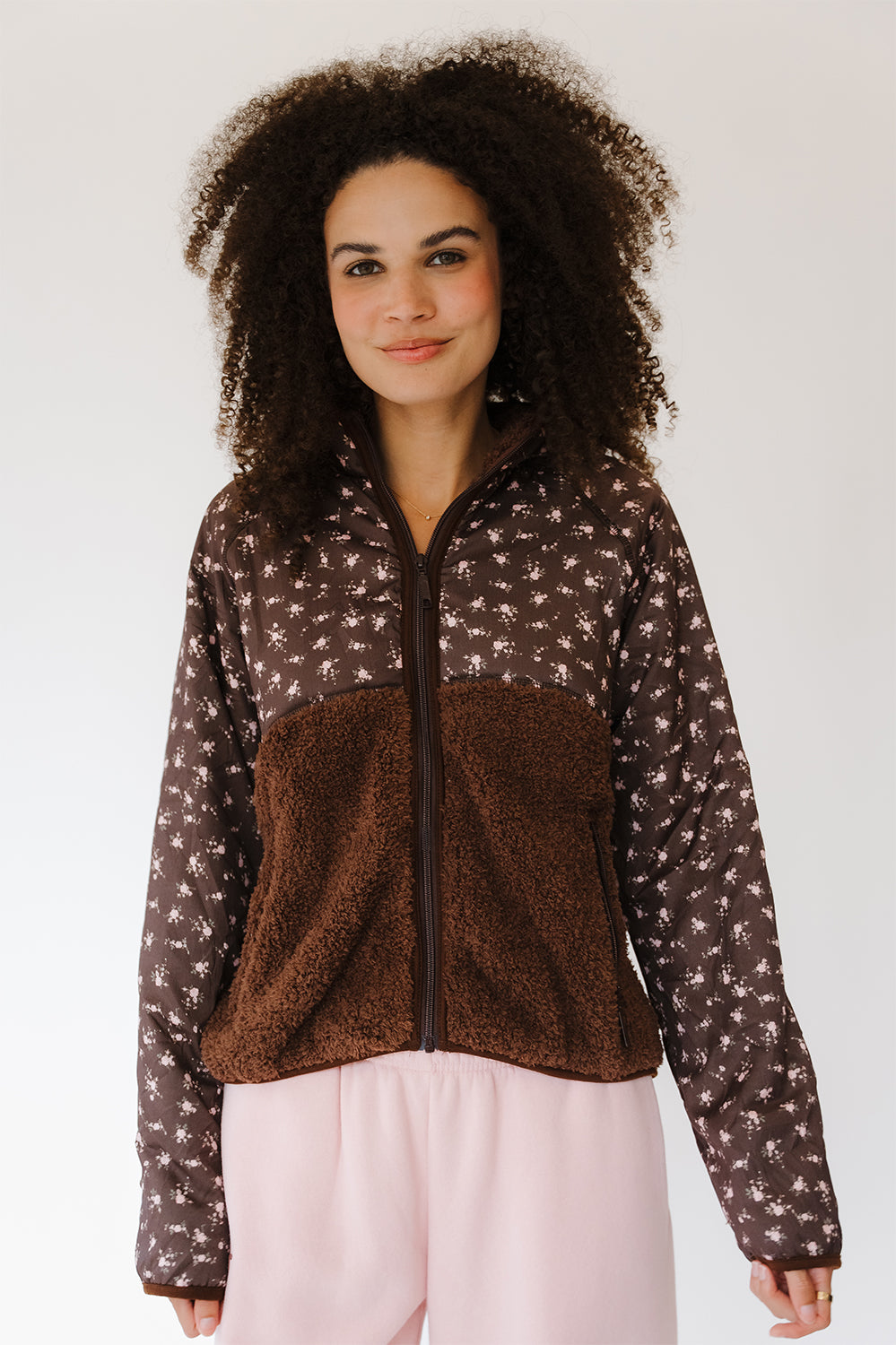 Cocoa Blush Macie Sherpa with brown floral top and brown sherpa body, front view. The Happy Camp3r