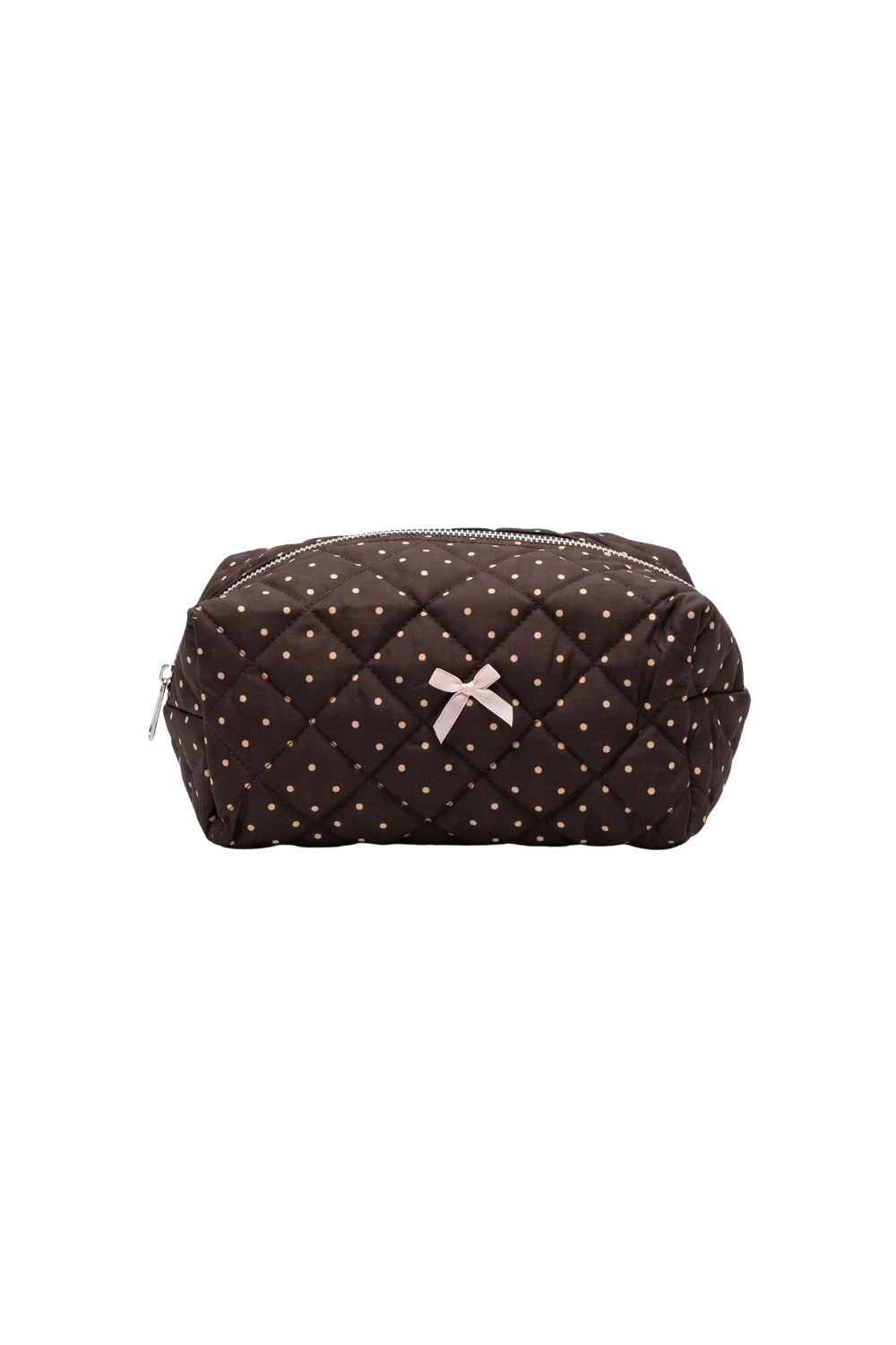 Cocoa Dot Cosmetic Pouch, quilted brown pouch with pink polka dots and bow. The Happy Camp3r