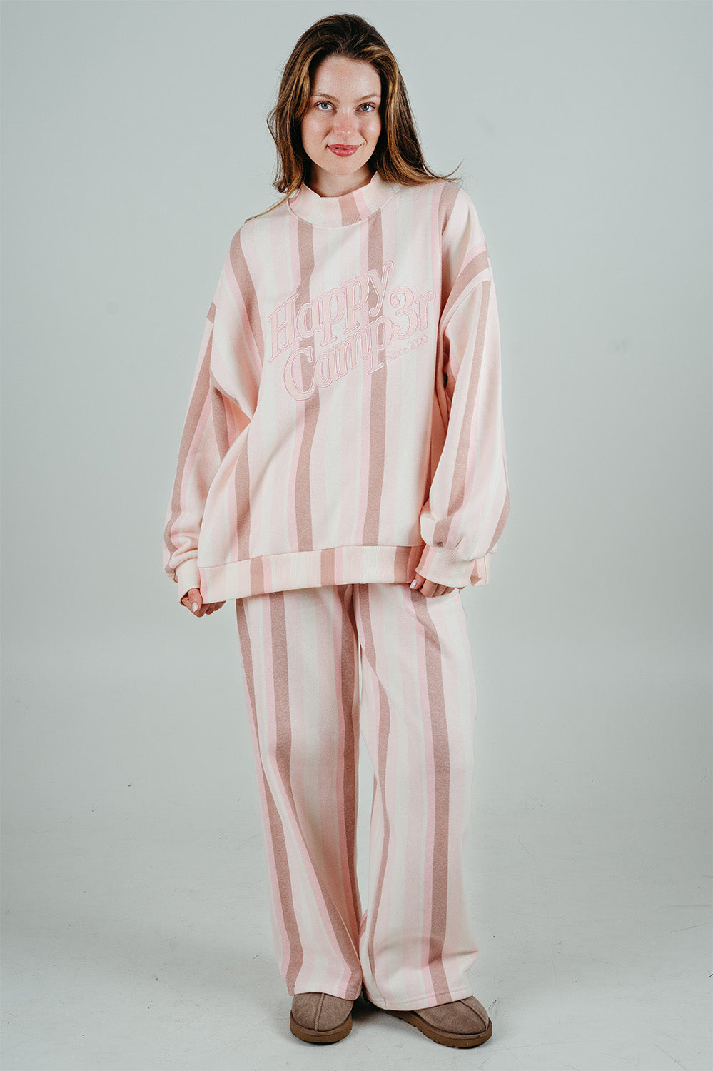 Model in the Sundae Stripes Sweatpants and mockneck set, full length. The Happy Camp3r
