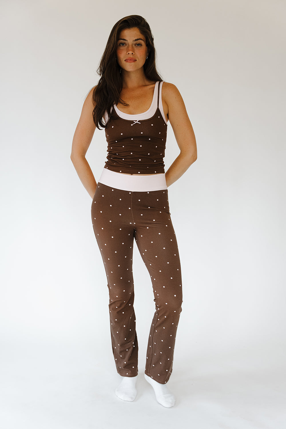 Model in the Cocoa Dot Nikki Top and matching Peyton Bottoms, full length. The Happy Camp3r