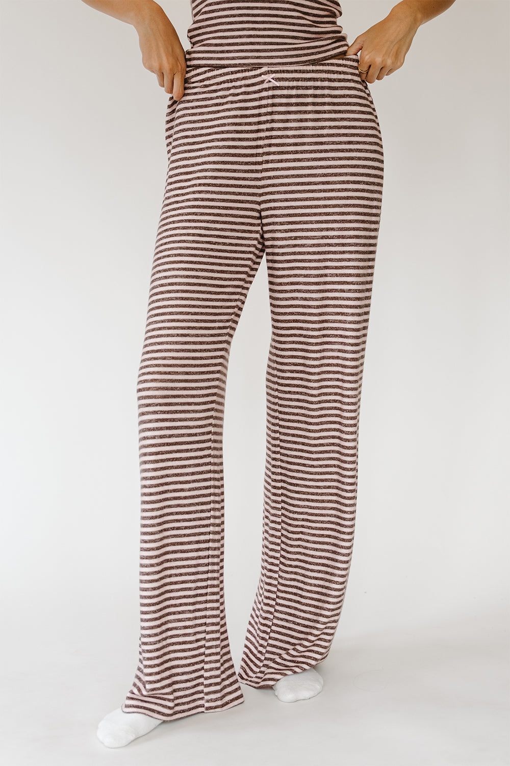 Milk And Mocha Liz Bottoms, brown and cream striped wide leg lounge pants, front view. The Happy Camp3r