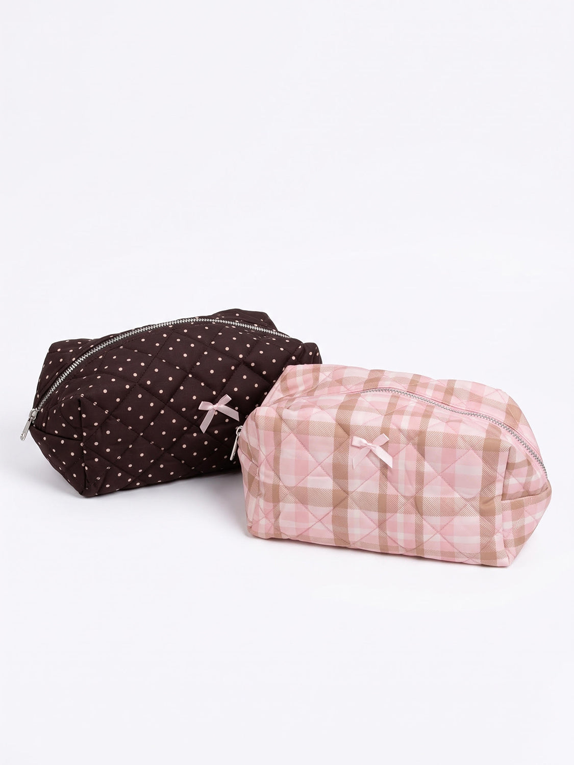 Cocoa Dot and Pretty in Plaid Cosmetic Pouches side by side. The Happy Camp3r