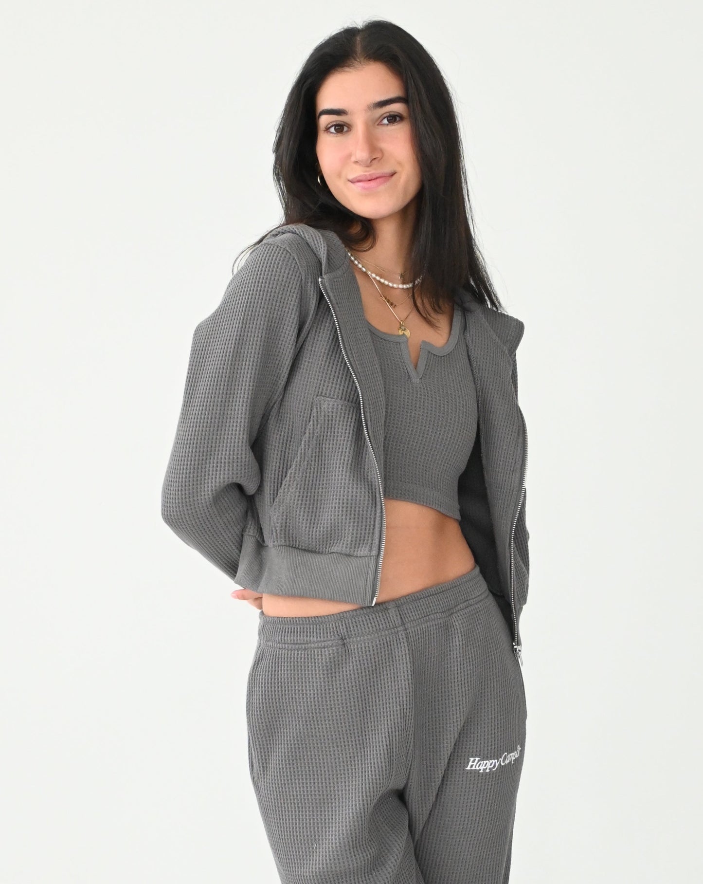 Waffle Zip-up Hoodie - Gray