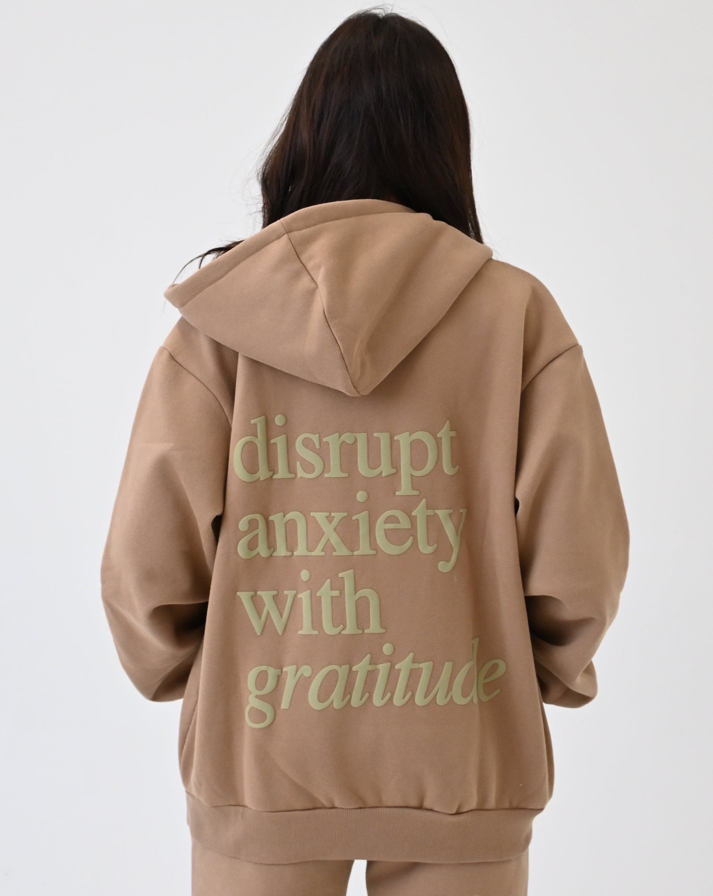 Disrupt Anxiety with Gratitude Zip-up Hoodie - Biscuit